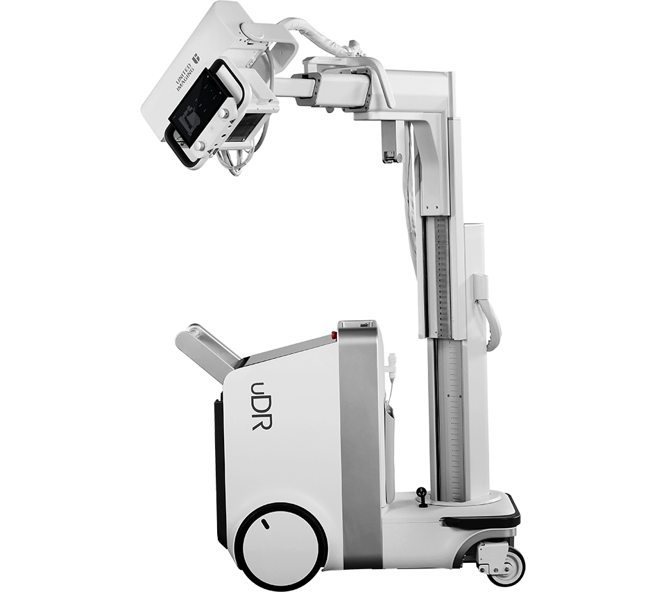 uDR 380i Pro mobile digital x-ray system with tube head up on transparent background. ​ 