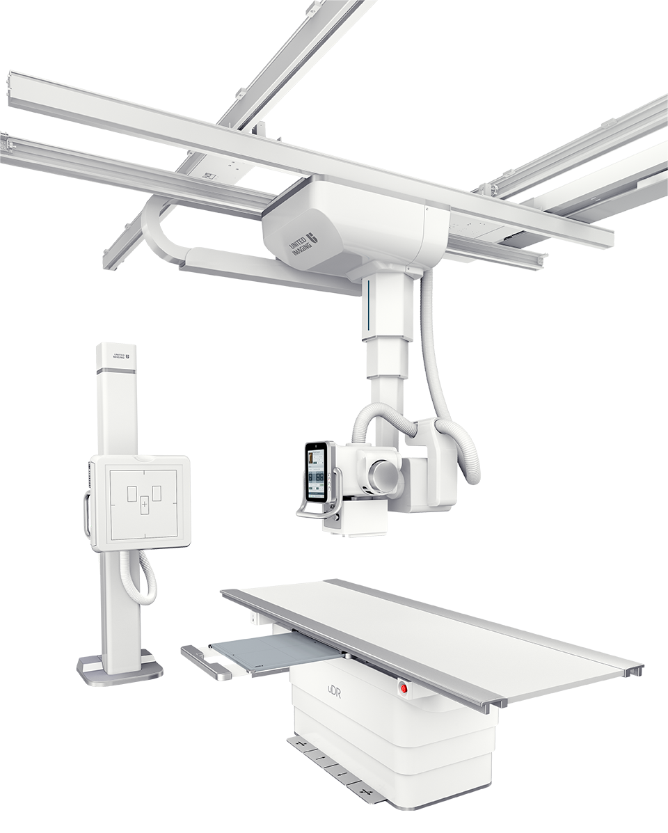 Ceiling-mounted uDR 780i automated x-ray system on transparent background