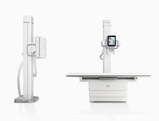 United Imaging’s Floor Mounted X-ray system shown with wall bucky and table.