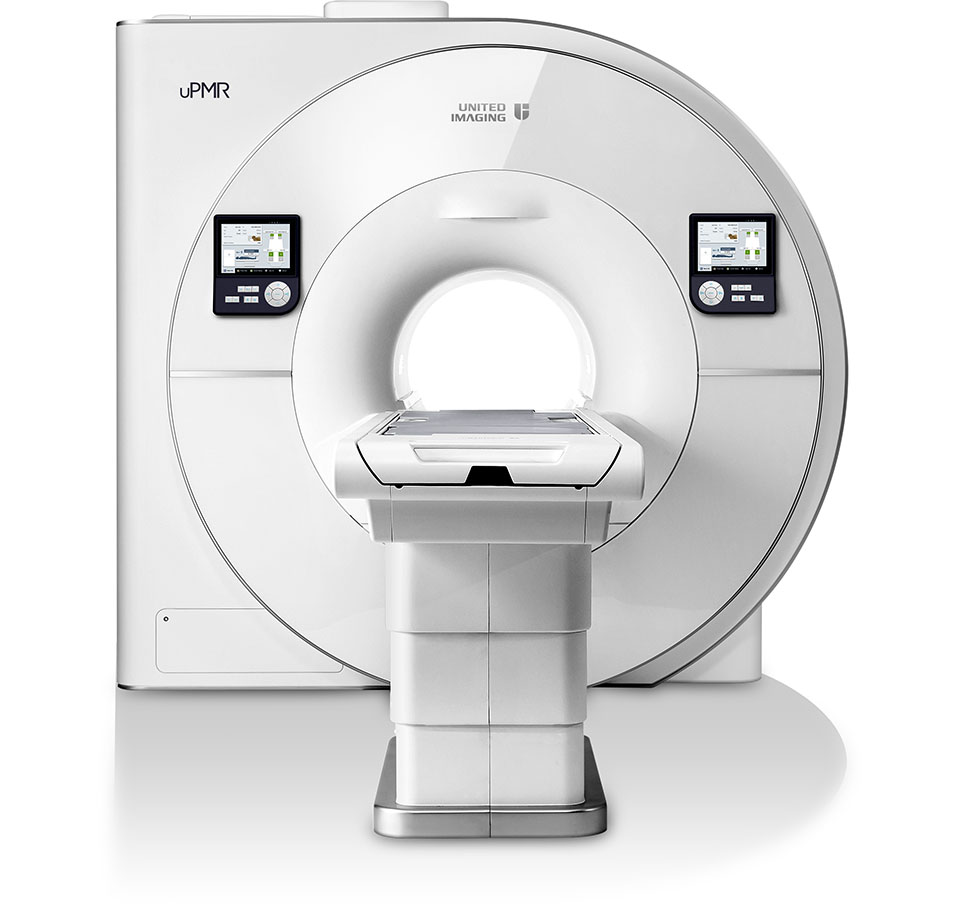 uPMR 790 3T MRI HD TOF PET with stylistic wave and system outlined in wireframe showing PET detectors and MR magnet